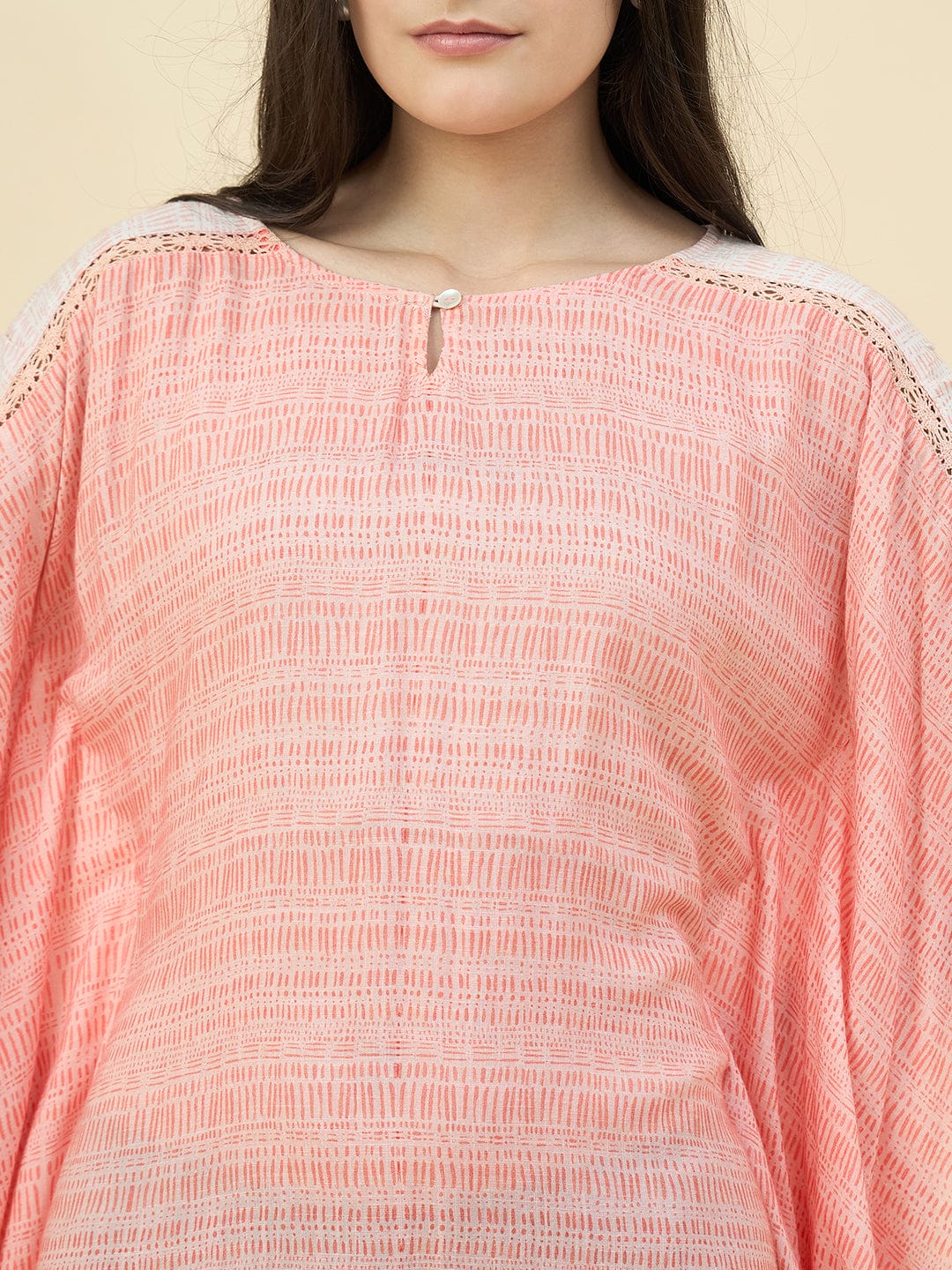 The Kaftan Company Dresses Peach Pink Floral Printed Modal Kaftan Dress with Back Elastic