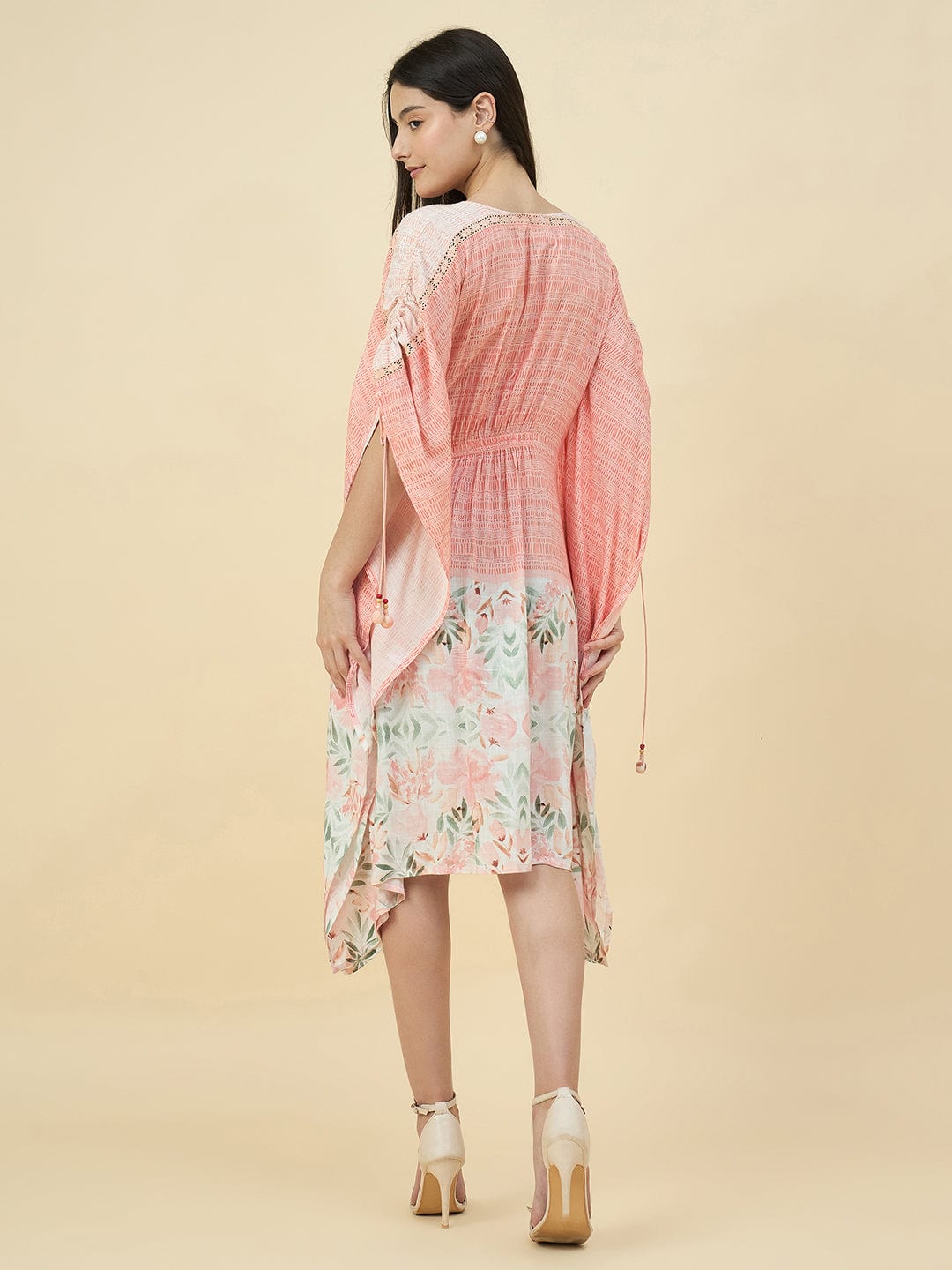 The Kaftan Company Dresses Peach Pink Floral Printed Modal Kaftan Dress with Back Elastic