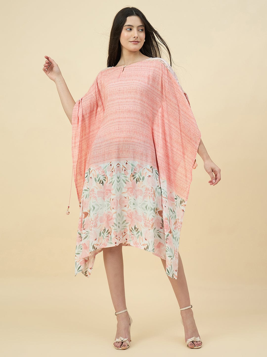 The Kaftan Company Dresses Peach Pink Floral Printed Modal Kaftan Dress with Back Elastic
