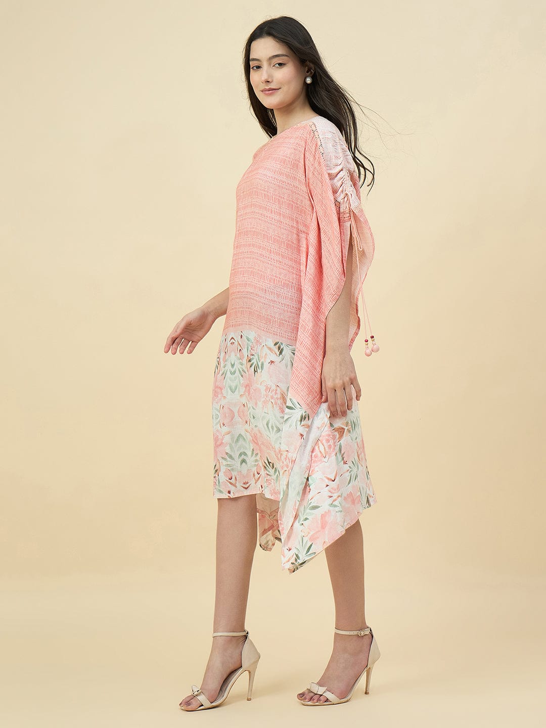 The Kaftan Company Dresses Peach Pink Floral Printed Modal Kaftan Dress with Back Elastic