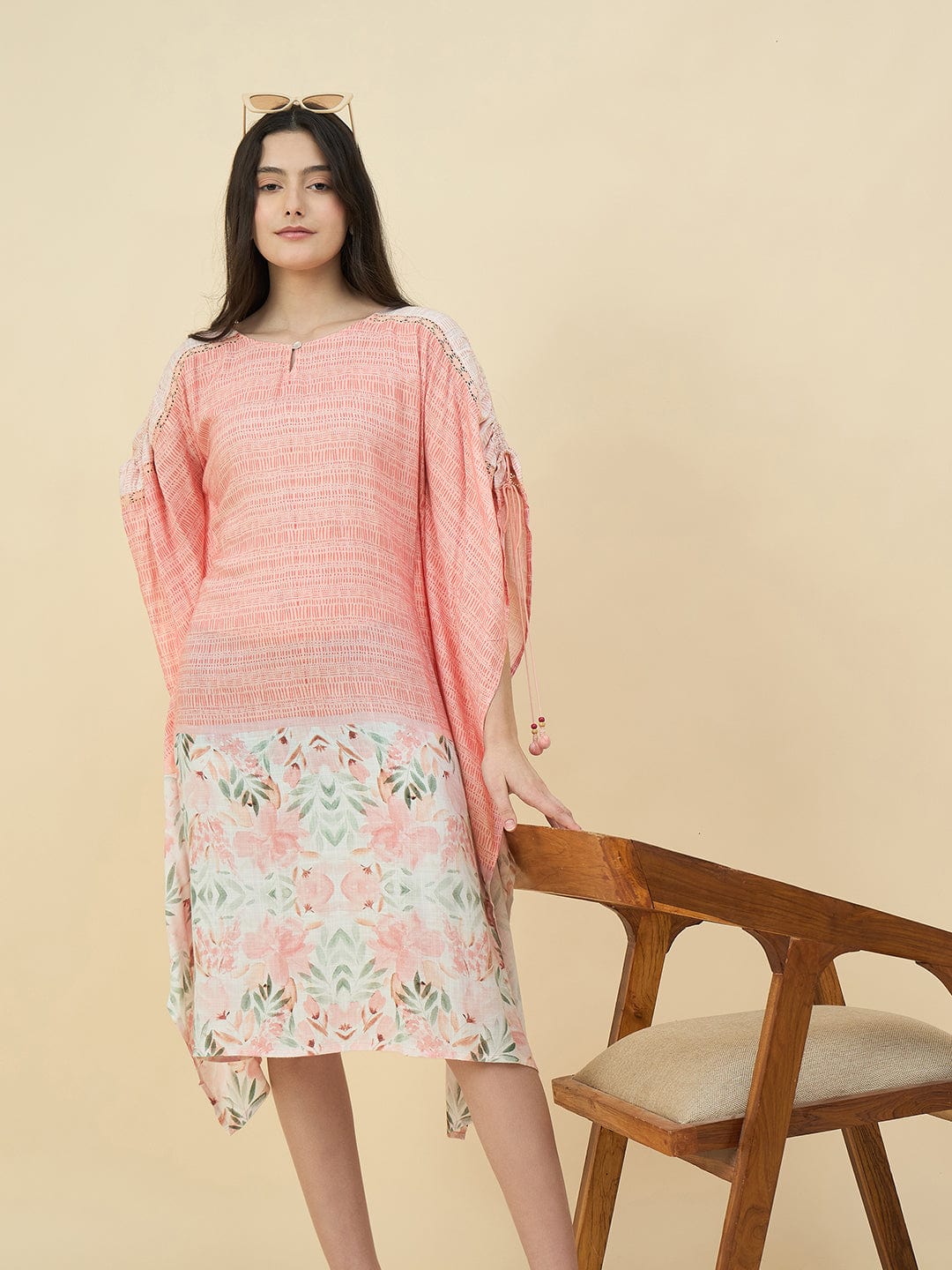 The Kaftan Company Dresses Peach Pink Floral Printed Modal Kaftan Dress with Back Elastic