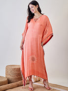 The Kaftan Company Dresses Peach Pure Silk Bandhani Kaftan with Pearl Lace