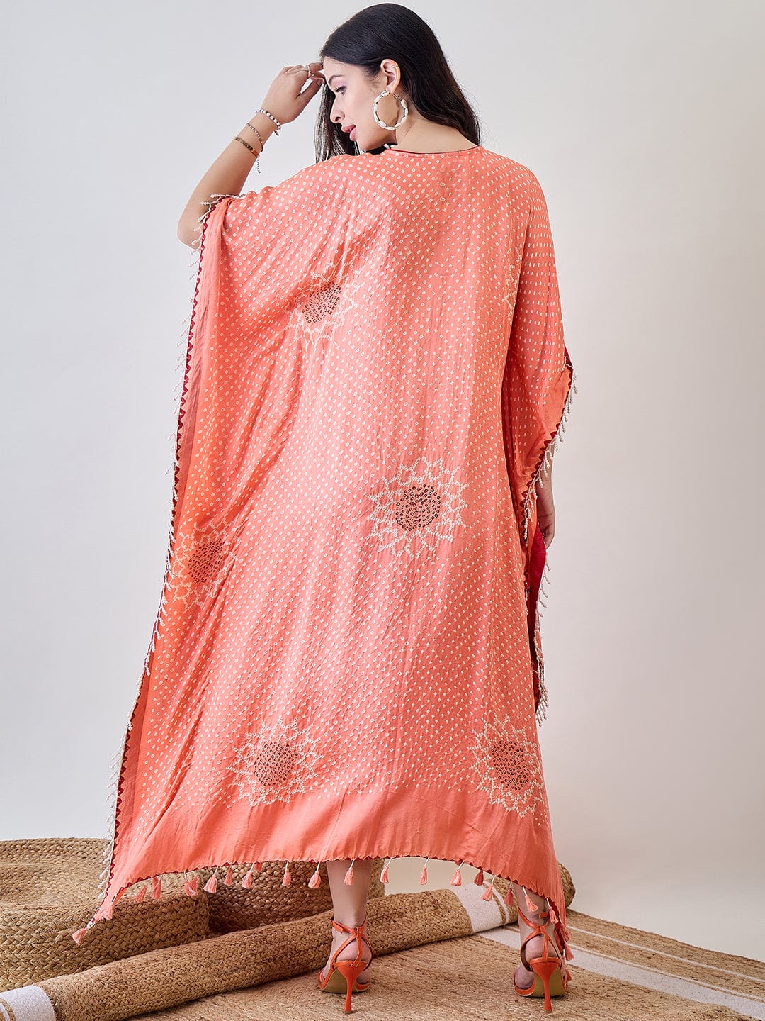 The Kaftan Company Dresses Peach Pure Silk Bandhani Kaftan with Pearl Lace