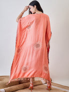The Kaftan Company Dresses Peach Pure Silk Bandhani Kaftan with Pearl Lace