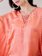 The Kaftan Company Dresses Peach Pure Silk Bandhani Kaftan with Pearl Lace