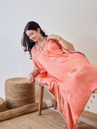 The Kaftan Company Dresses Peach Pure Silk Bandhani Kaftan with Pearl Lace