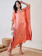 The Kaftan Company Dresses Peach Pure Silk Bandhani Kaftan with Pearl Lace