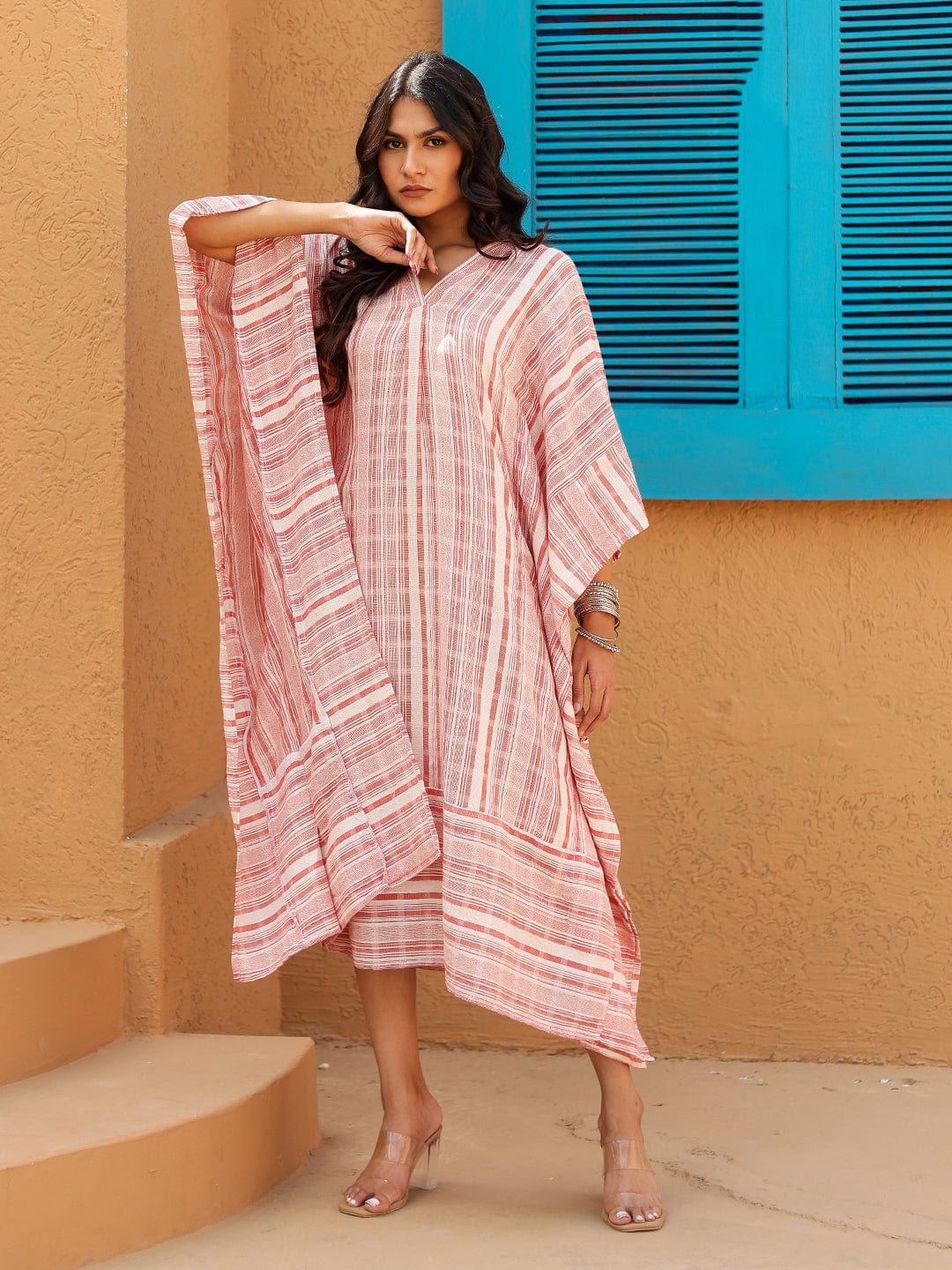 The Kaftan Company Dresses Pink and White Striped Cotton Kaftan Dress