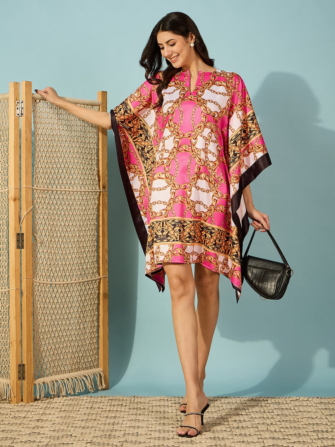 The Kaftan Company Dresses Pink Chain Baroque Printed Satin Kaftan Dress