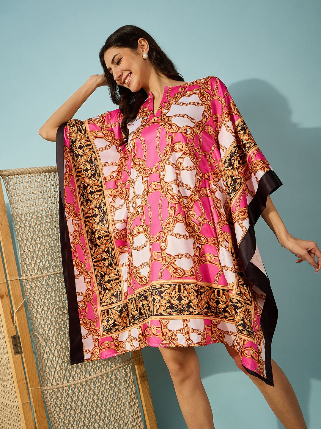 The Kaftan Company Dresses Pink Chain Baroque Printed Satin Kaftan Dress