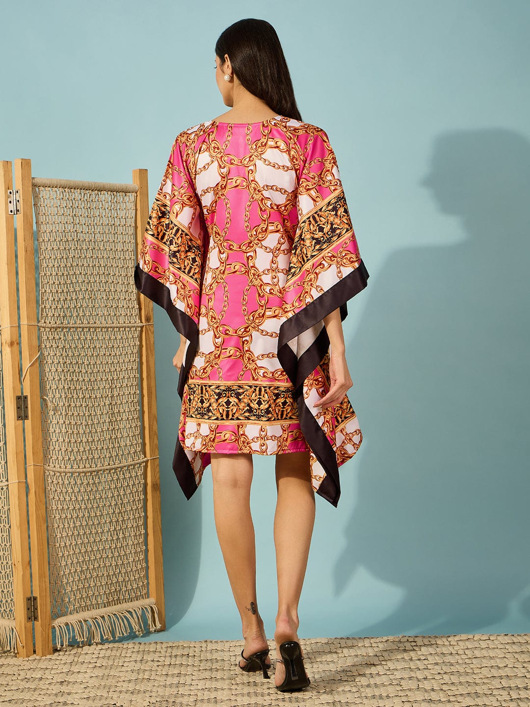 The Kaftan Company Dresses Pink Chain Baroque Printed Satin Kaftan Dress