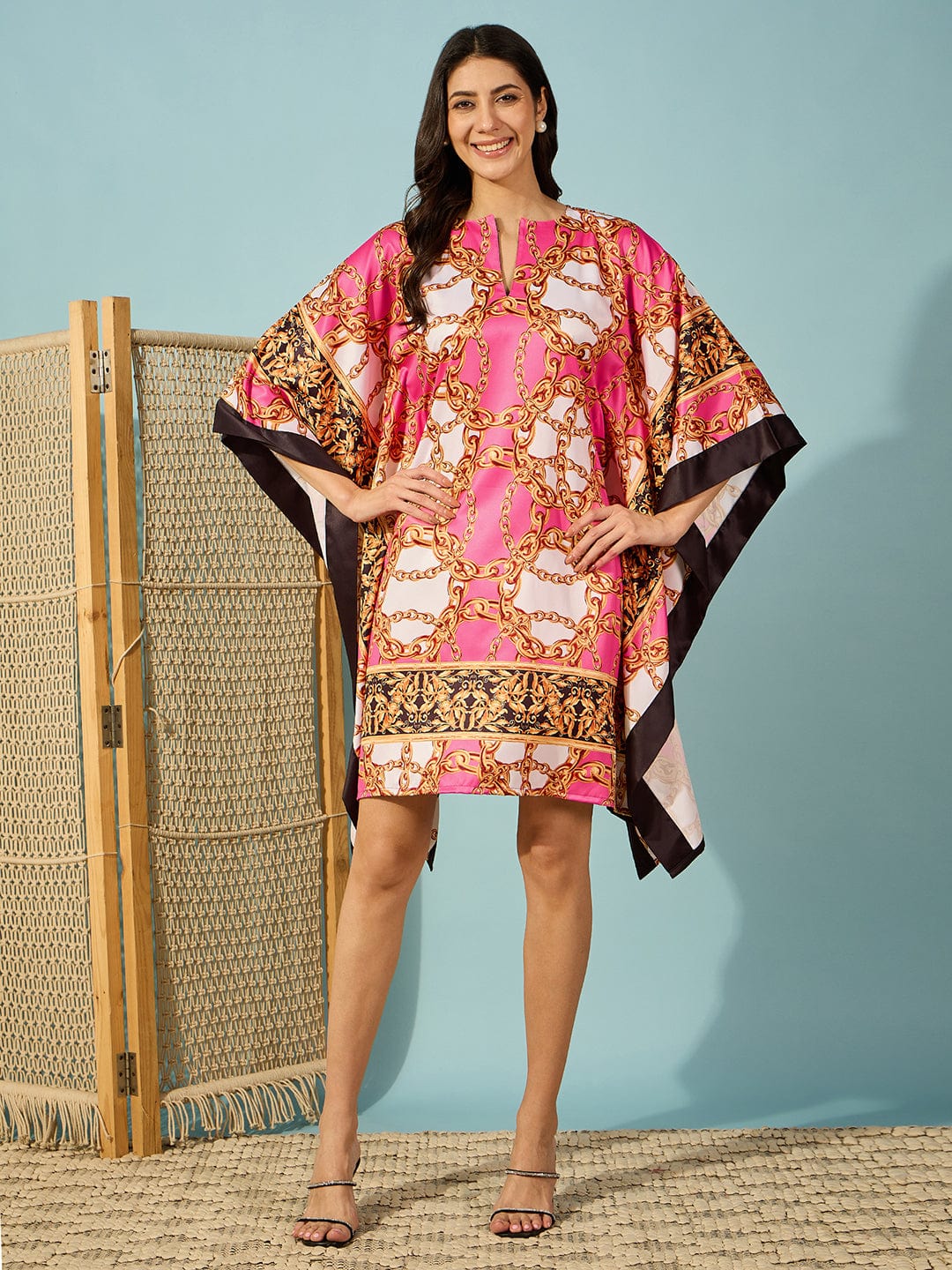 The Kaftan Company Dresses Pink Chain Baroque Printed Satin Kaftan Dress