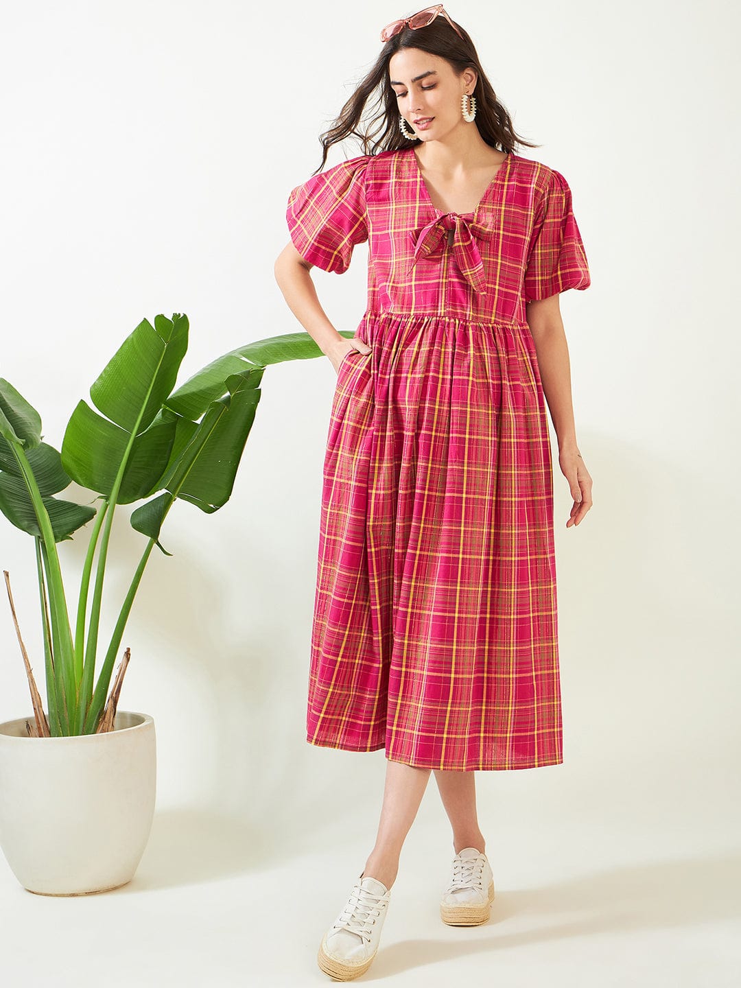The Kaftan Company Dresses Pink Checkered Tie-Knot Maternity Dress
