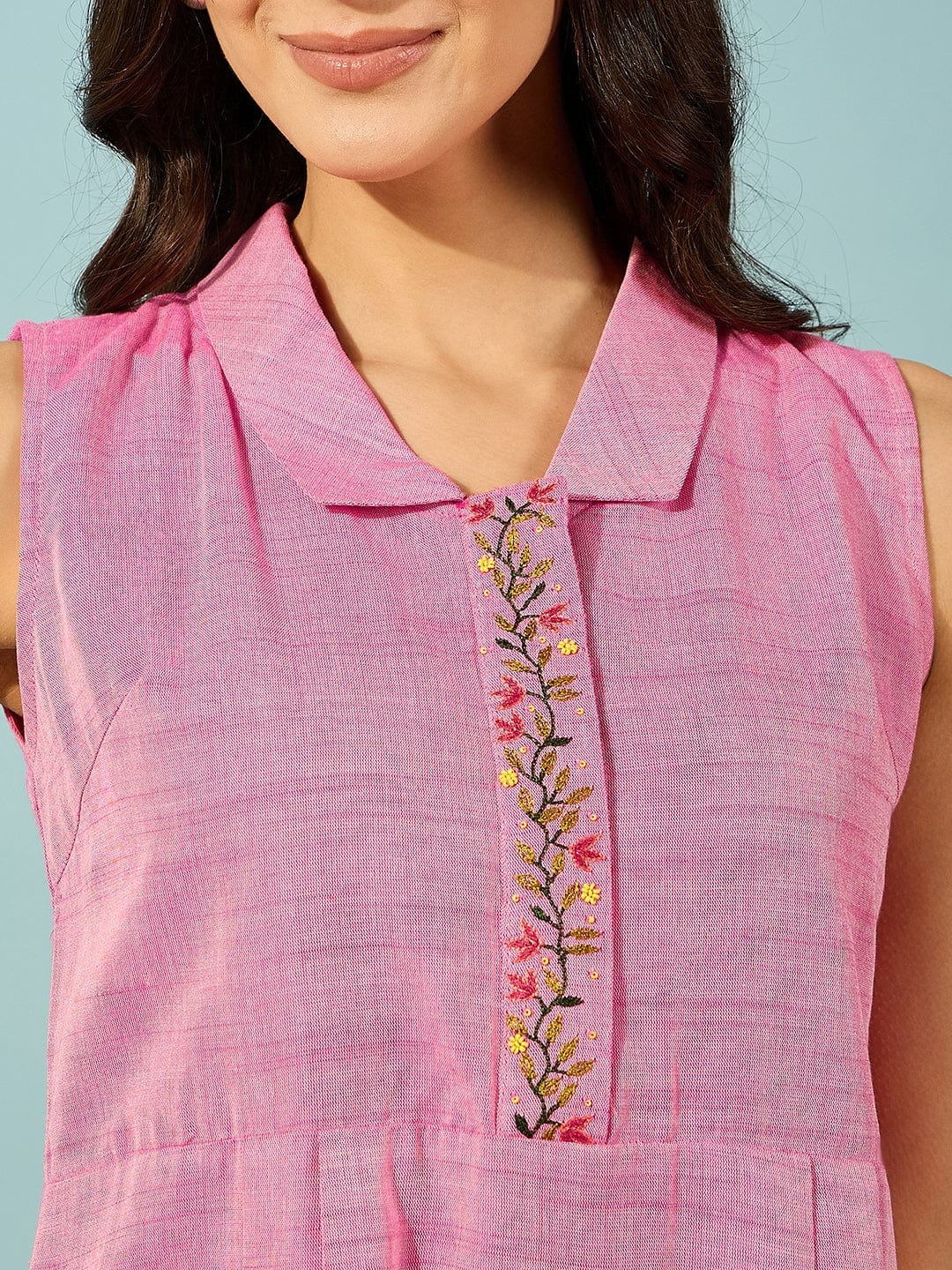 Buy Pink Hand Embroidered Viscose Linen Mini Dress For Women - The Kaftan Company S