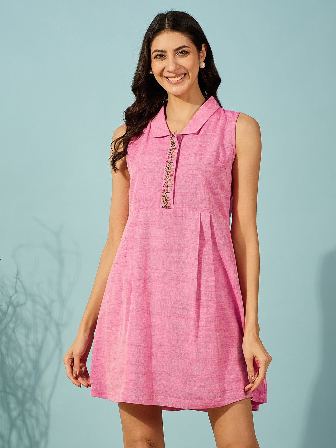 The Kaftan Company Dresses Pink Hand Embroidered Viscose Linen Mini Dress
