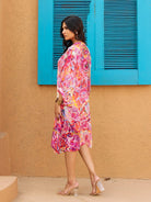 The Kaftan Company Dresses Pink Multi-Color Printed Natural Crepe Mini Dress