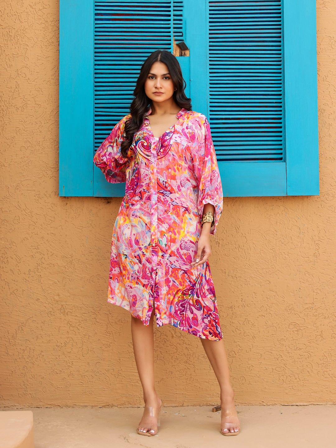 mini kaftan dress party wear Pink Multi-Color Printed Natural Crepe Mini Dress 3XL