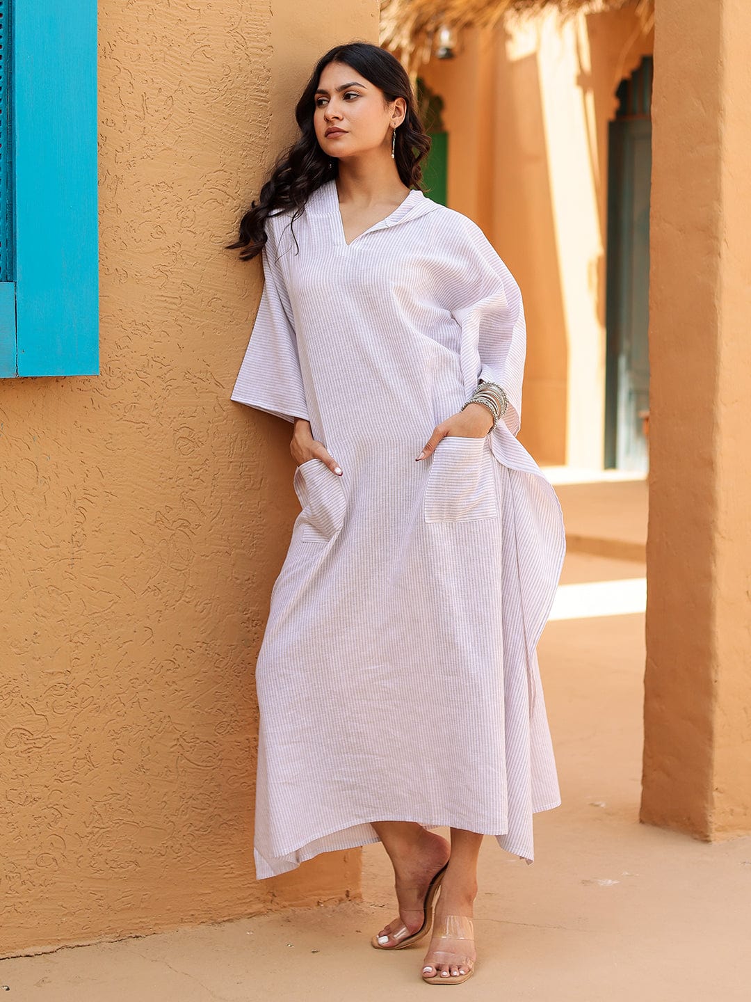 The Kaftan Company Dresses Purple Strieps Printed Hoody Kaftan Dress