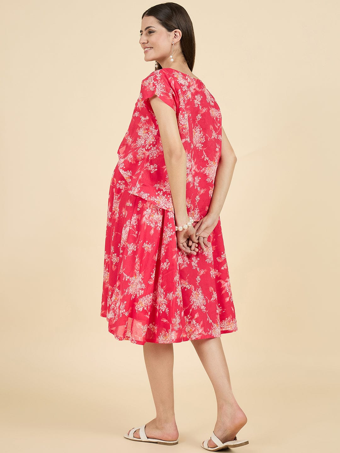 Buy Red Floral Cotton Maternity Dress with Feeding Zip Access | The Kaftan  Company