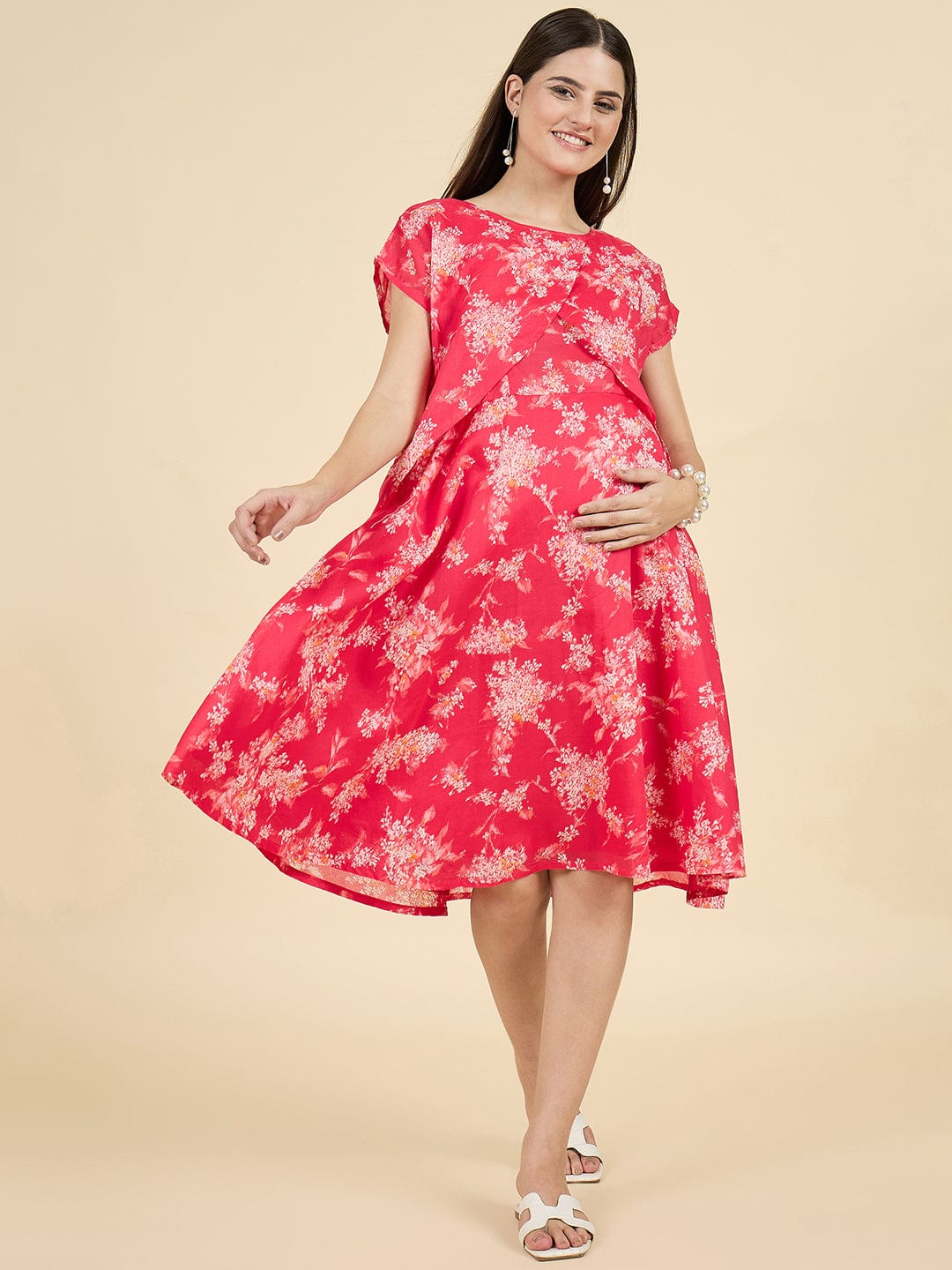 Buy Red Floral Cotton Maternity Dress with Feeding Zip Access