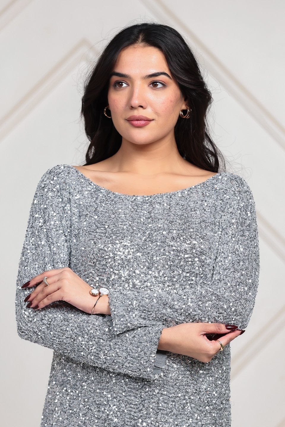 The Kaftan Company Dresses Silver All-Over Sequin Partywear Maxi Dress