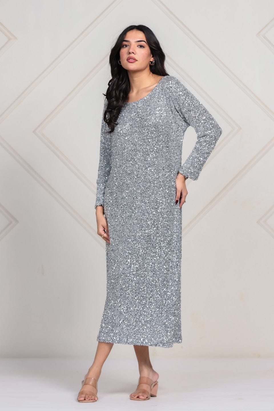 The Kaftan Company Dresses Silver All-Over Sequin Partywear Maxi Dress