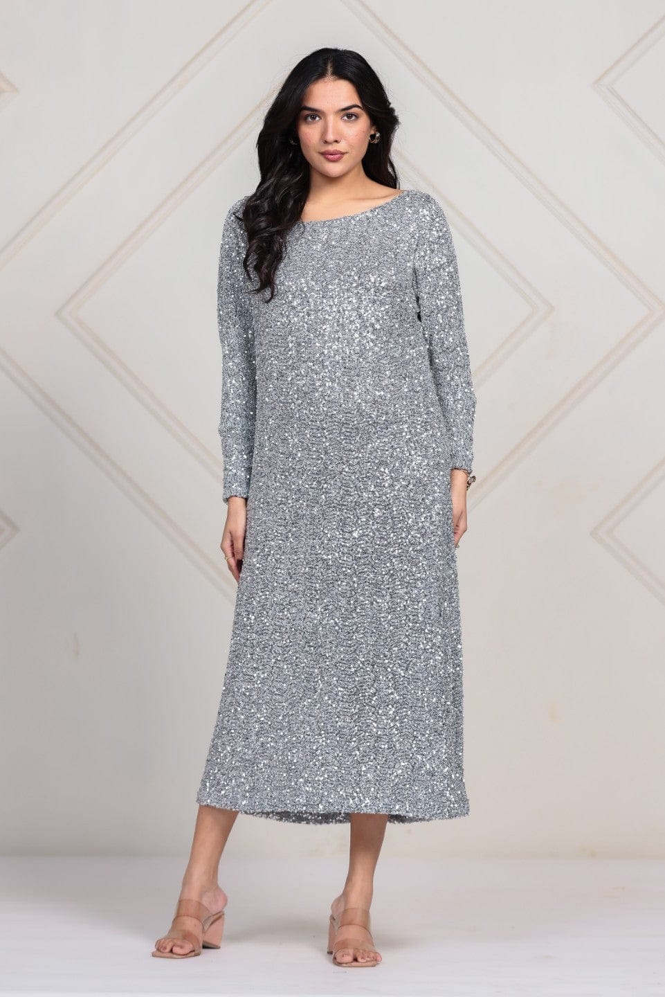 The Kaftan Company Dresses Silver All-Over Sequin Partywear Maxi Dress
