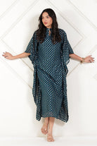 The Kaftan Company Dresses Teal Gold Buta Foil Print Georgette Kaftan with Crepe Lining