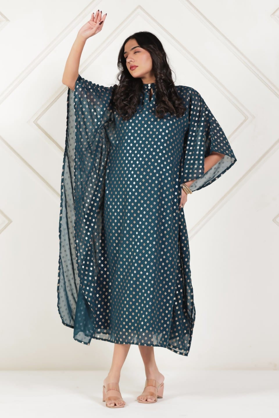 The Kaftan Company Dresses Teal Gold Buta Foil Print Georgette Kaftan with Crepe Lining
