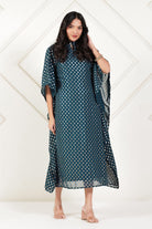 The Kaftan Company Dresses Teal Gold Buta Foil Print Georgette Kaftan with Crepe Lining