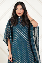 The Kaftan Company Dresses Teal Gold Buta Foil Print Georgette Kaftan with Crepe Lining