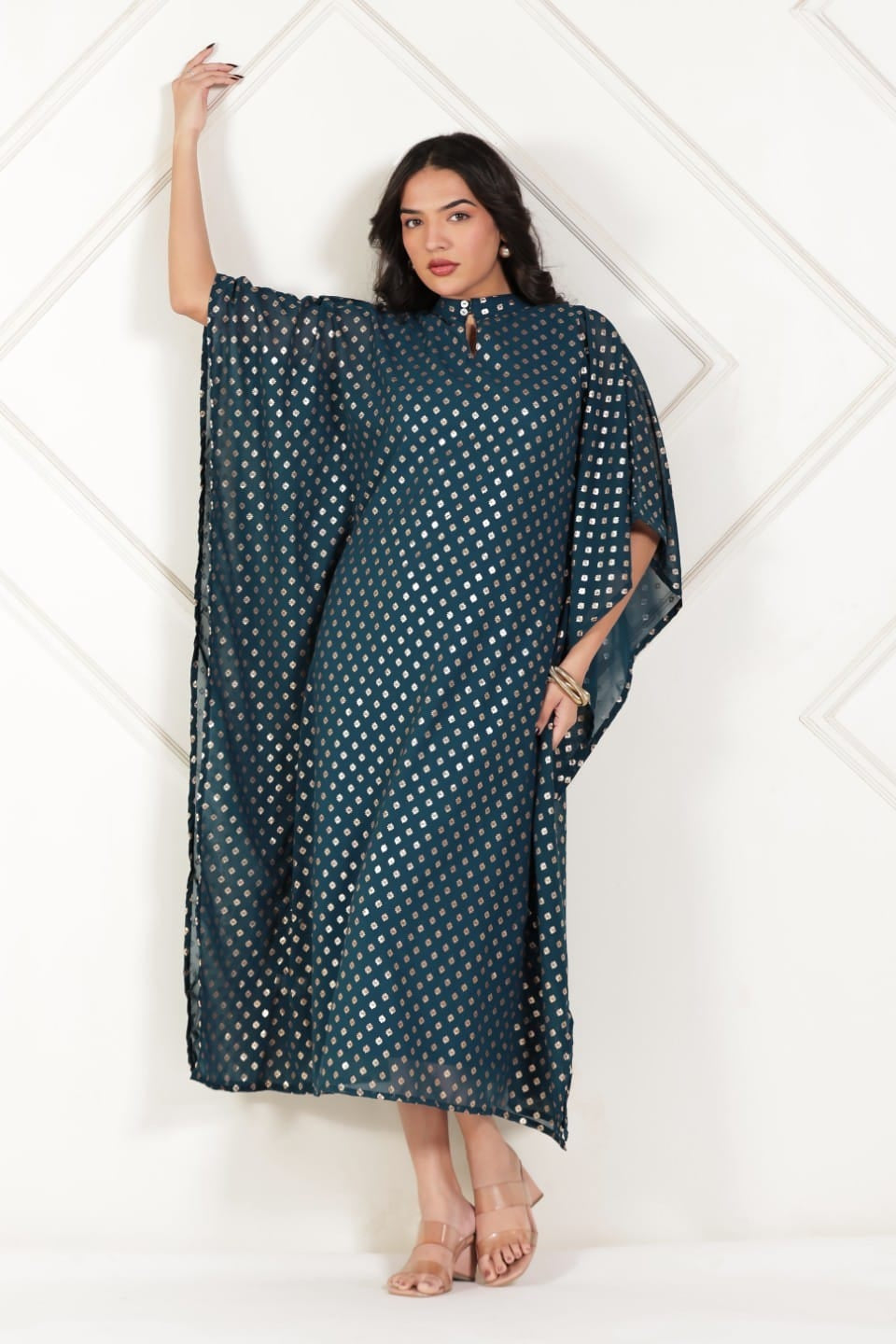 The Kaftan Company Dresses Teal Gold Buta Foil Print Georgette Kaftan with Crepe Lining