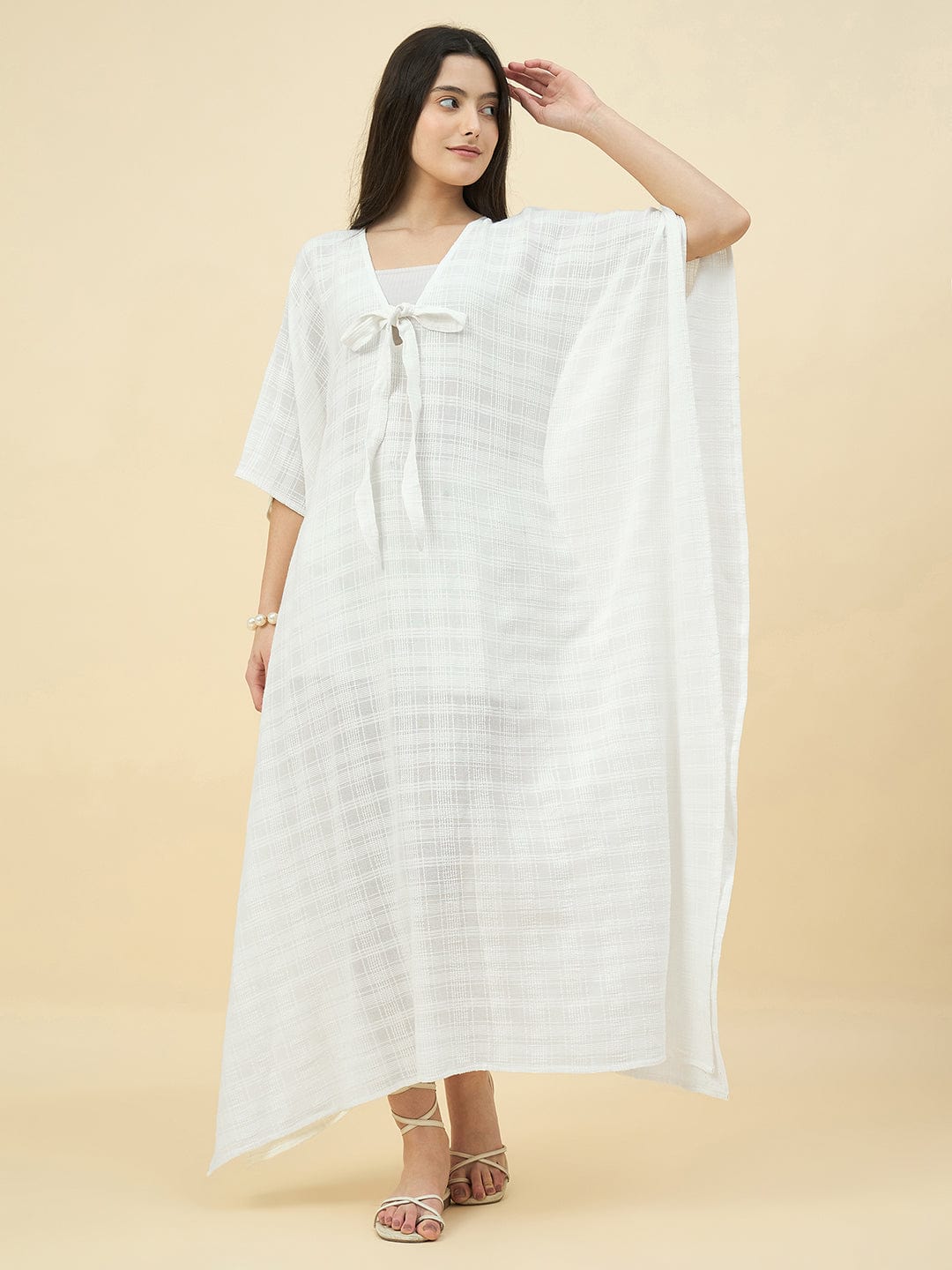 The Kaftan Company Dresses White Cotton Resort Kaftan – Lightweight Front-Tie Coverup