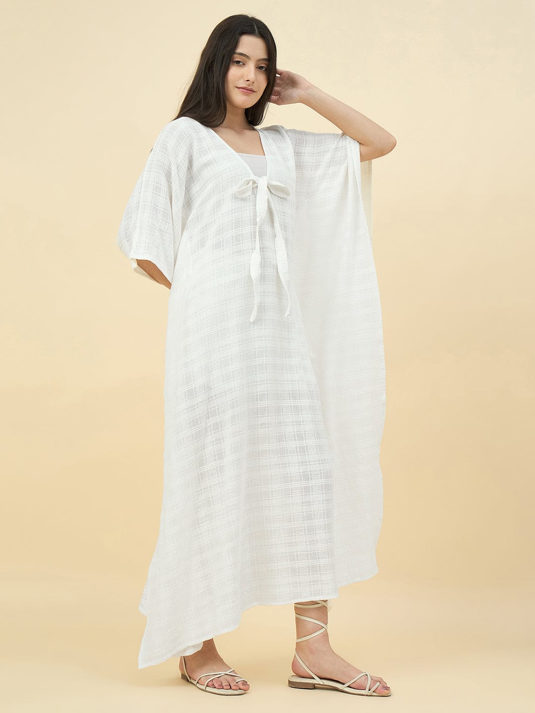 The Kaftan Company Dresses White Cotton Resort Kaftan – Lightweight Front-Tie Coverup