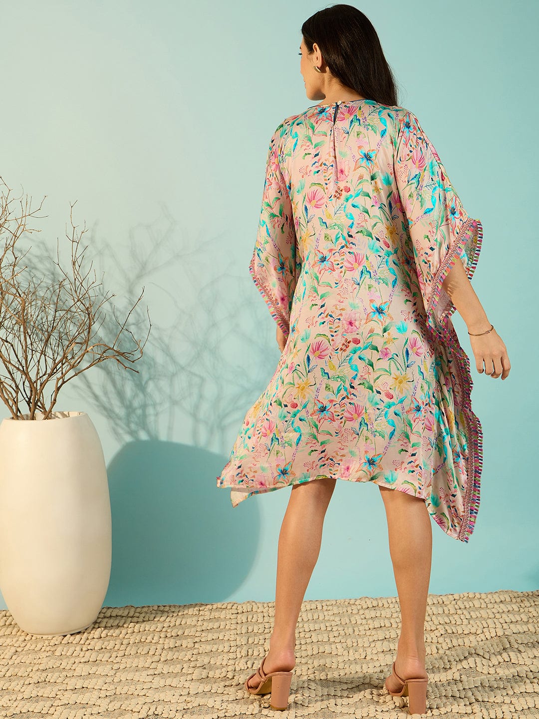 The Kaftan Company Dresses White Floral Printed Glamorous Satin Day Kaftan Dress