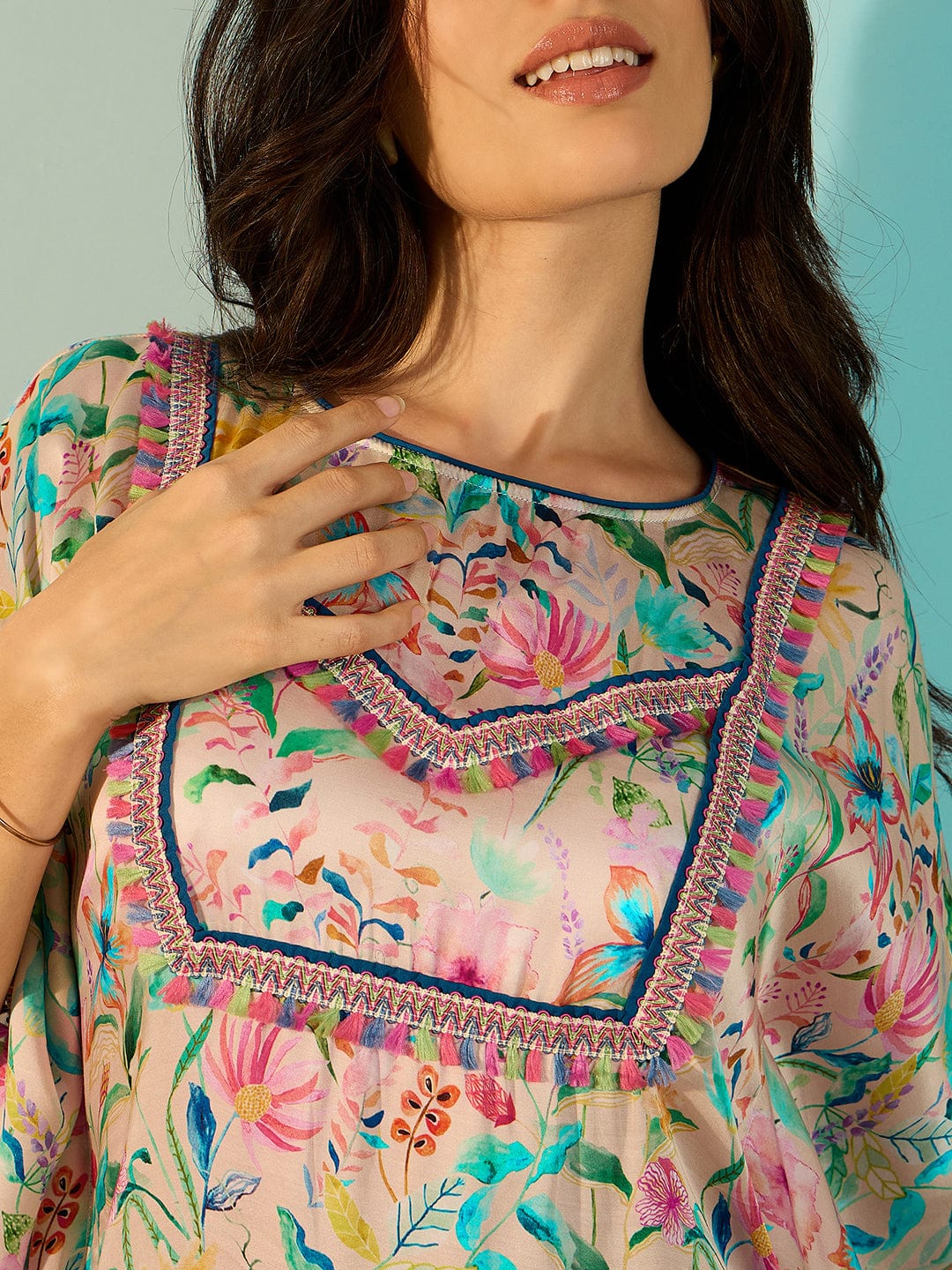 The Kaftan Company Dresses White Floral Printed Glamorous Satin Day Kaftan Dress