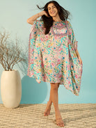 The Kaftan Company Dresses White Floral Printed Glamorous Satin Day Kaftan Dress