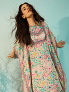 The Kaftan Company Dresses White Floral Printed Glamorous Satin Day Kaftan Dress