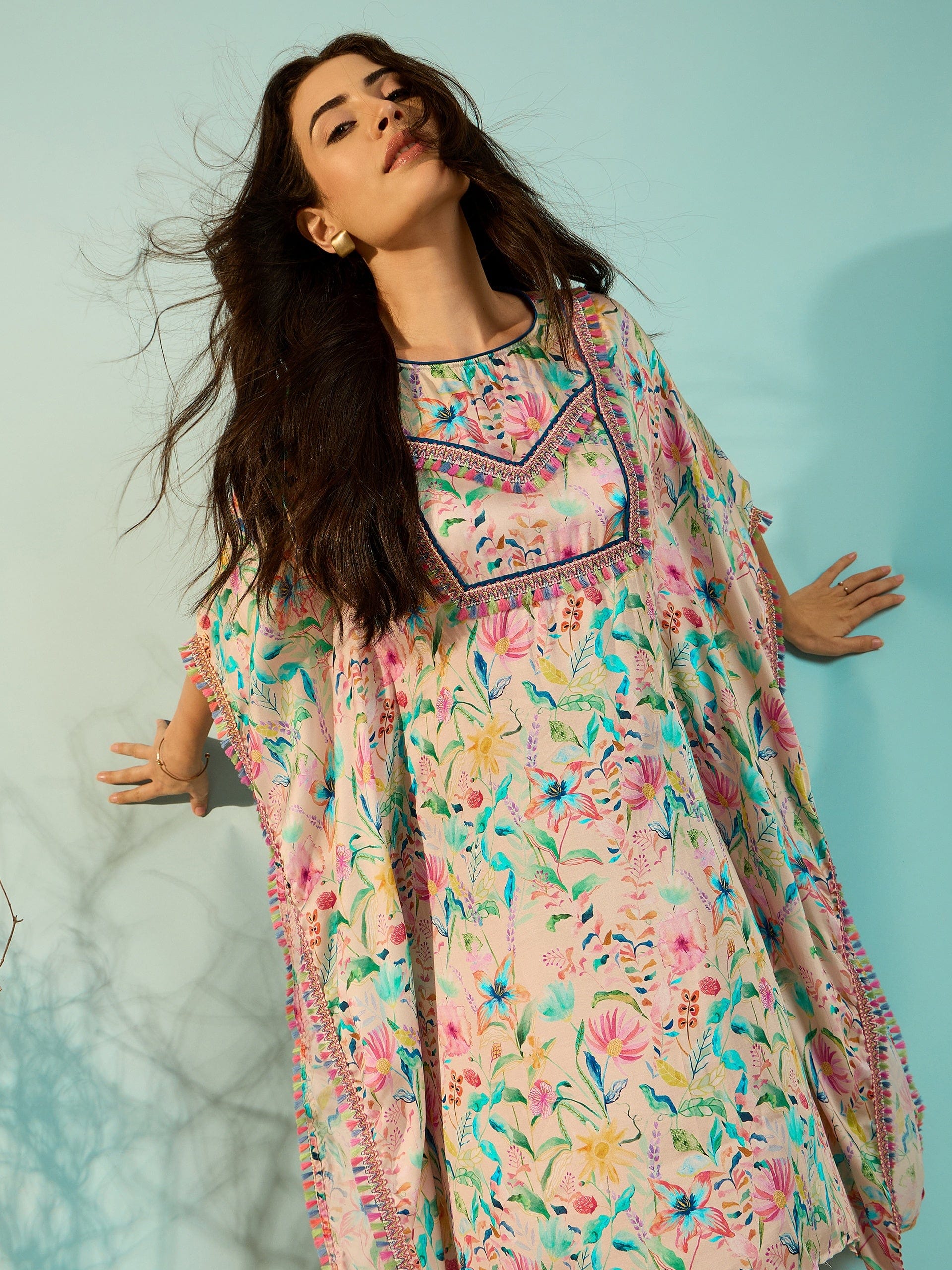 The Kaftan Company Dresses White Floral Printed Glamorous Satin Day Kaftan Dress