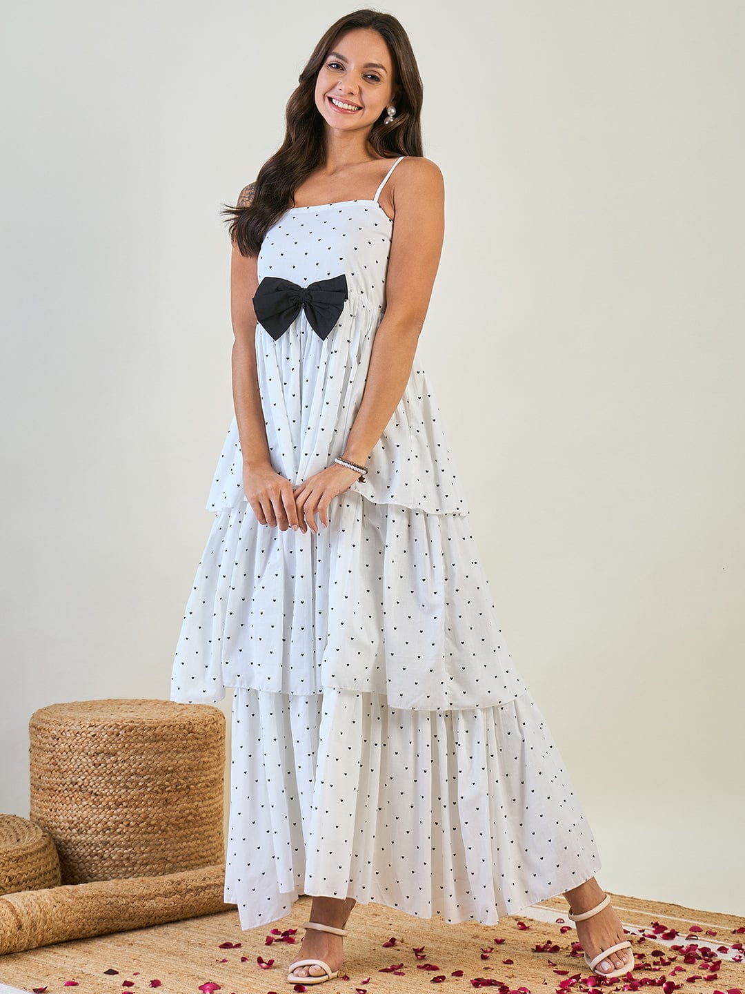 White Heart Printed Sleeveless Tiered Maxi Dress For Women â‚¬€œ