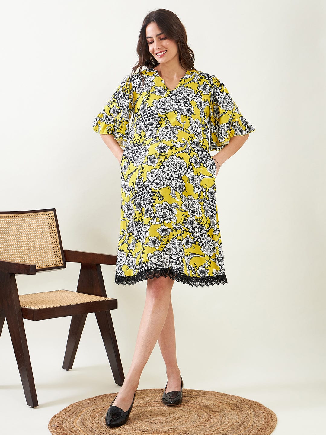 Shop Yellow Floral Maternity Midi Dress The Kaftan Company