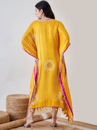The Kaftan Company Dresses Yellow Pure Silk Bandhani Kaftan with Pearl Lace