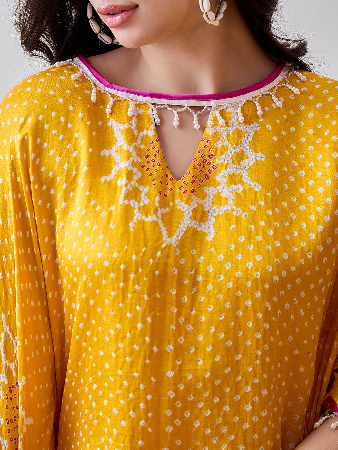 The Kaftan Company Dresses Yellow Pure Silk Bandhani Kaftan with Pearl Lace