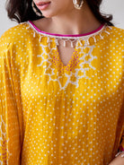 The Kaftan Company Dresses Yellow Pure Silk Bandhani Kaftan with Pearl Lace