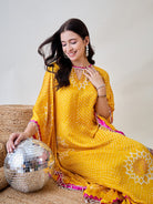 The Kaftan Company Dresses Yellow Pure Silk Bandhani Kaftan with Pearl Lace