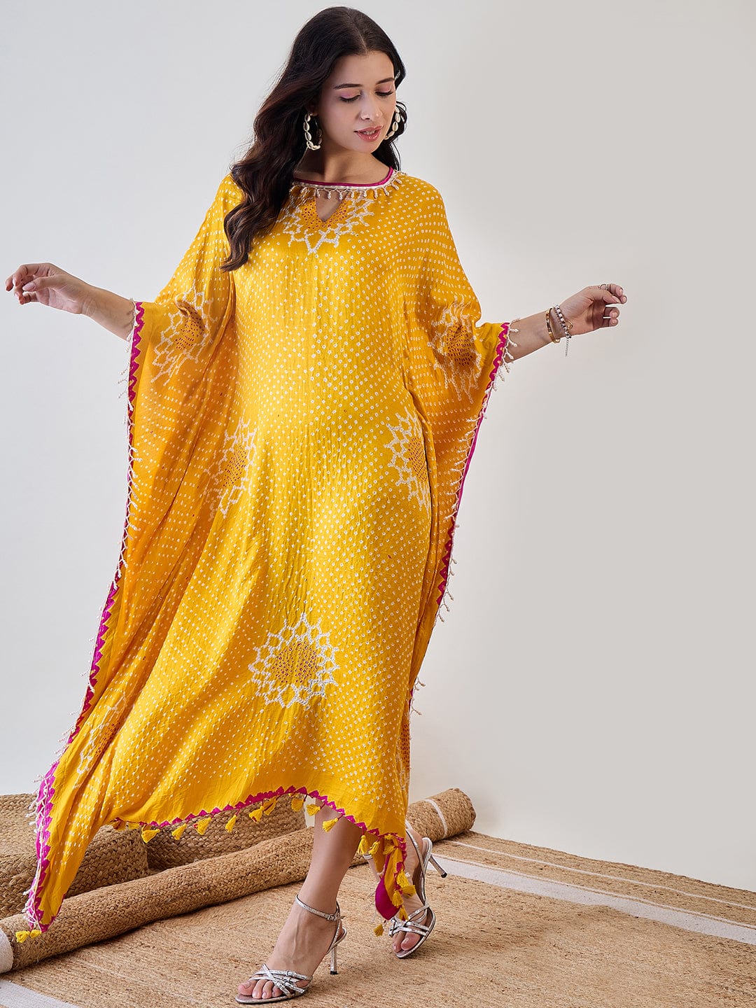 The Kaftan Company Dresses Yellow Pure Silk Bandhani Kaftan with Pearl Lace