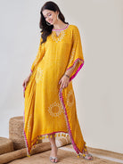 The Kaftan Company Dresses Yellow Pure Silk Bandhani Kaftan with Pearl Lace