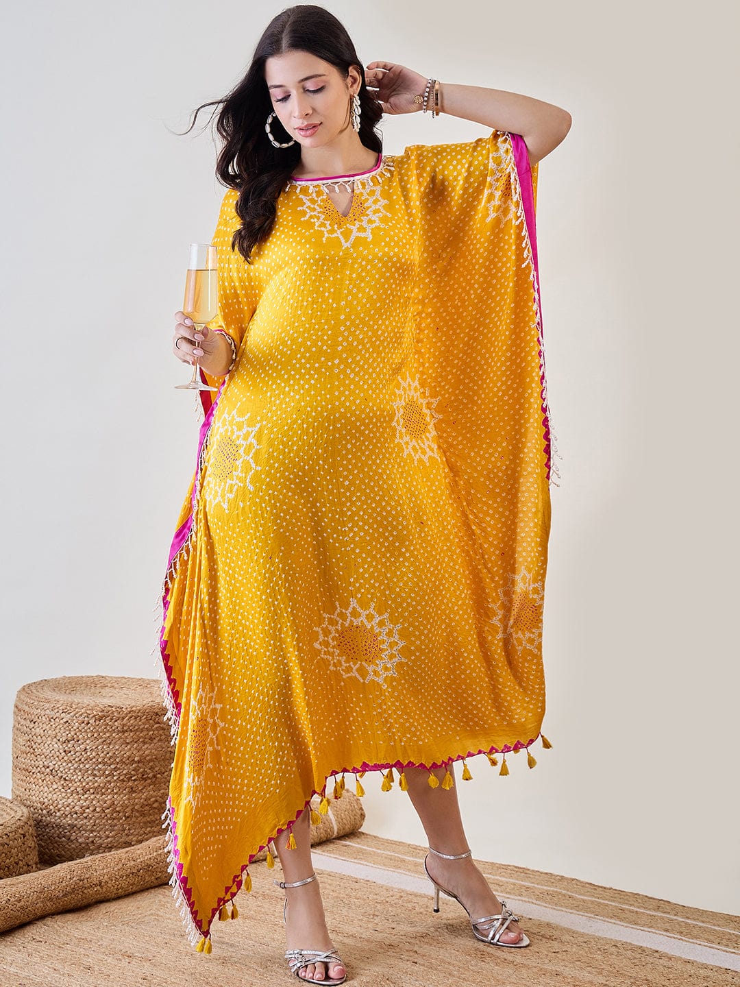 The Kaftan Company Dresses Yellow Pure Silk Bandhani Kaftan with Pearl Lace