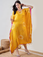 The Kaftan Company Dresses Yellow Pure Silk Bandhani Kaftan with Pearl Lace