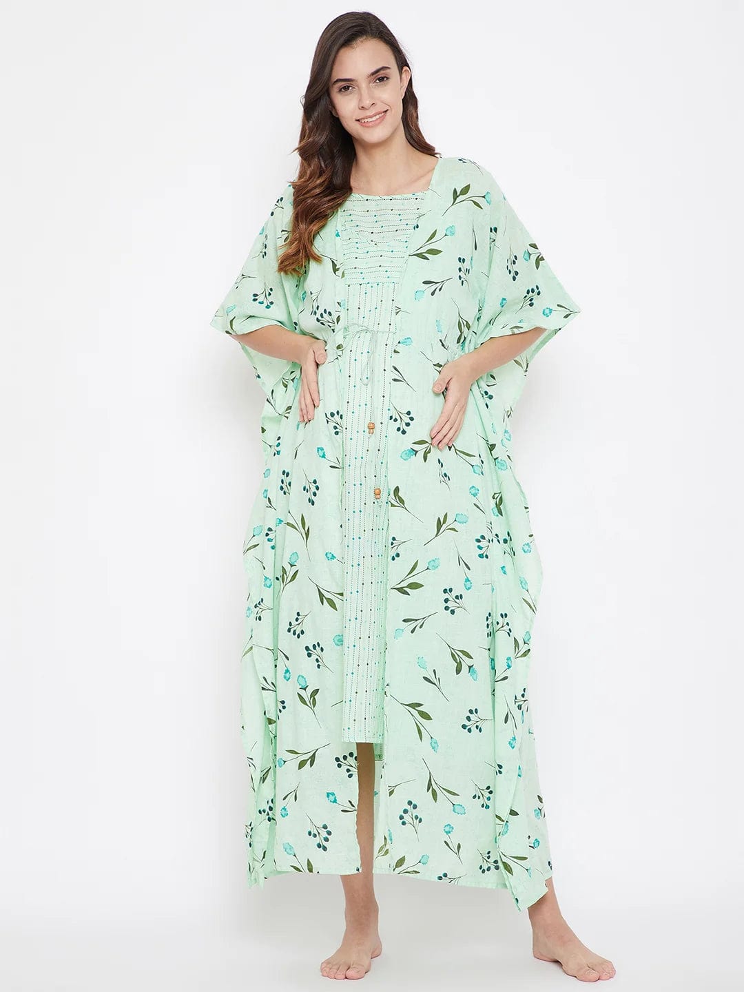 The Kaftan Company Gown Set Floral Green Cotton Maternity and Feeding Gownset - (Clearance - Final Sale)